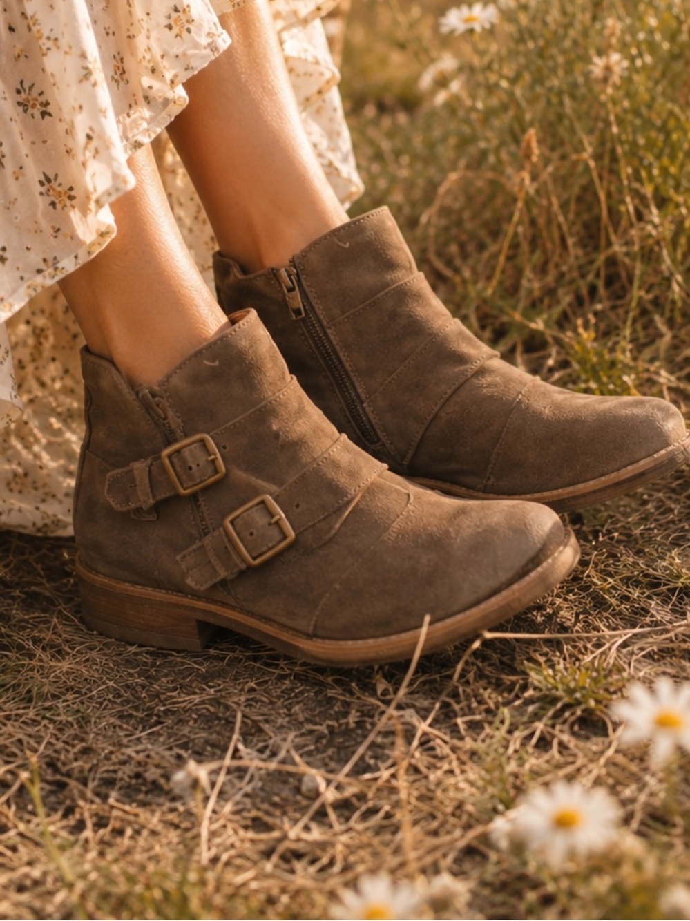 Born Brown Taupe Suede Ankle Boots with Brass Buckle Detail Woman’s Size 8